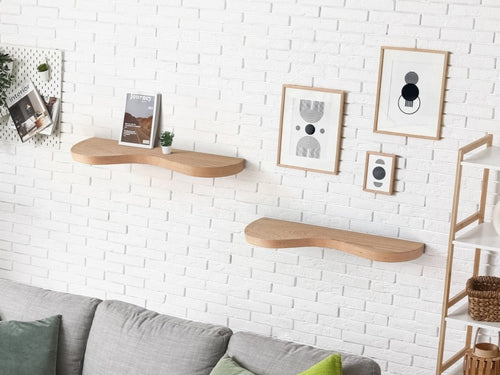 Double Curve Thick Oak Floating Shelf