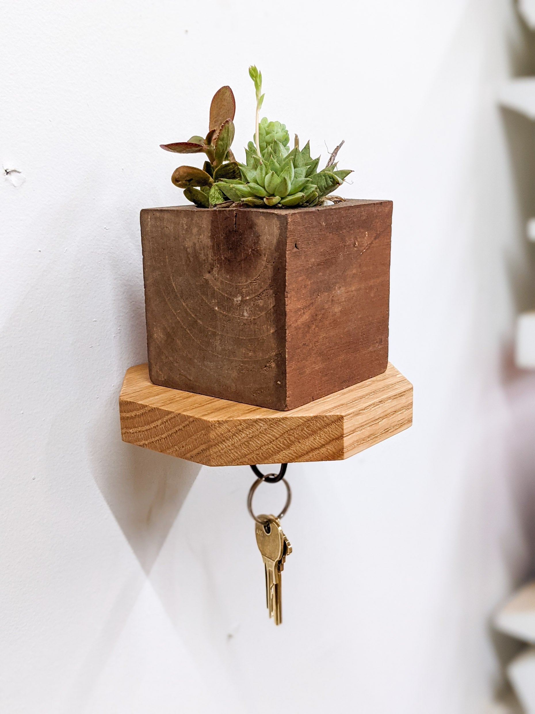 Octagon Shelf with Key Hook in Oak