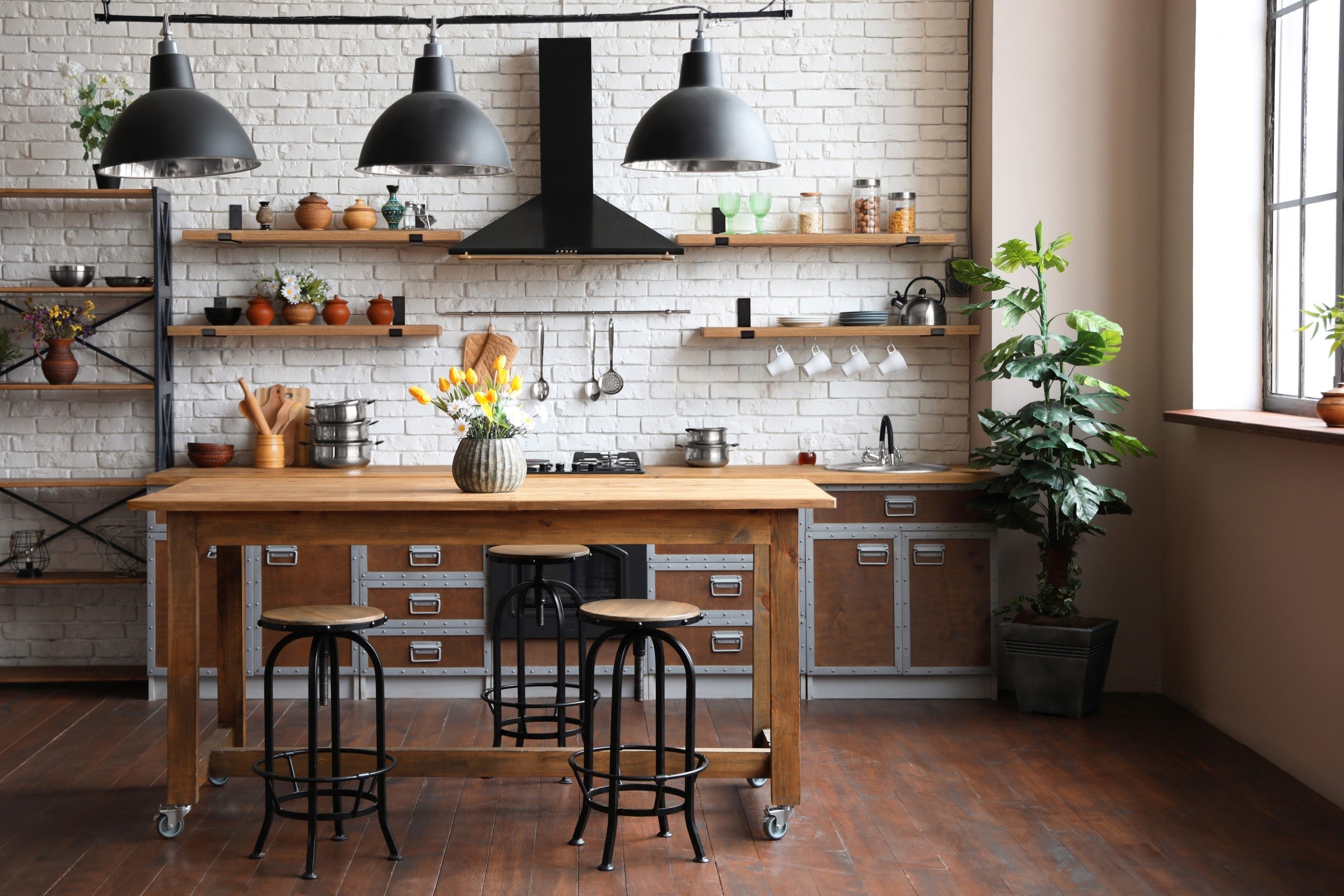 Thick Oak Shelf with Black Steel J Brackets
